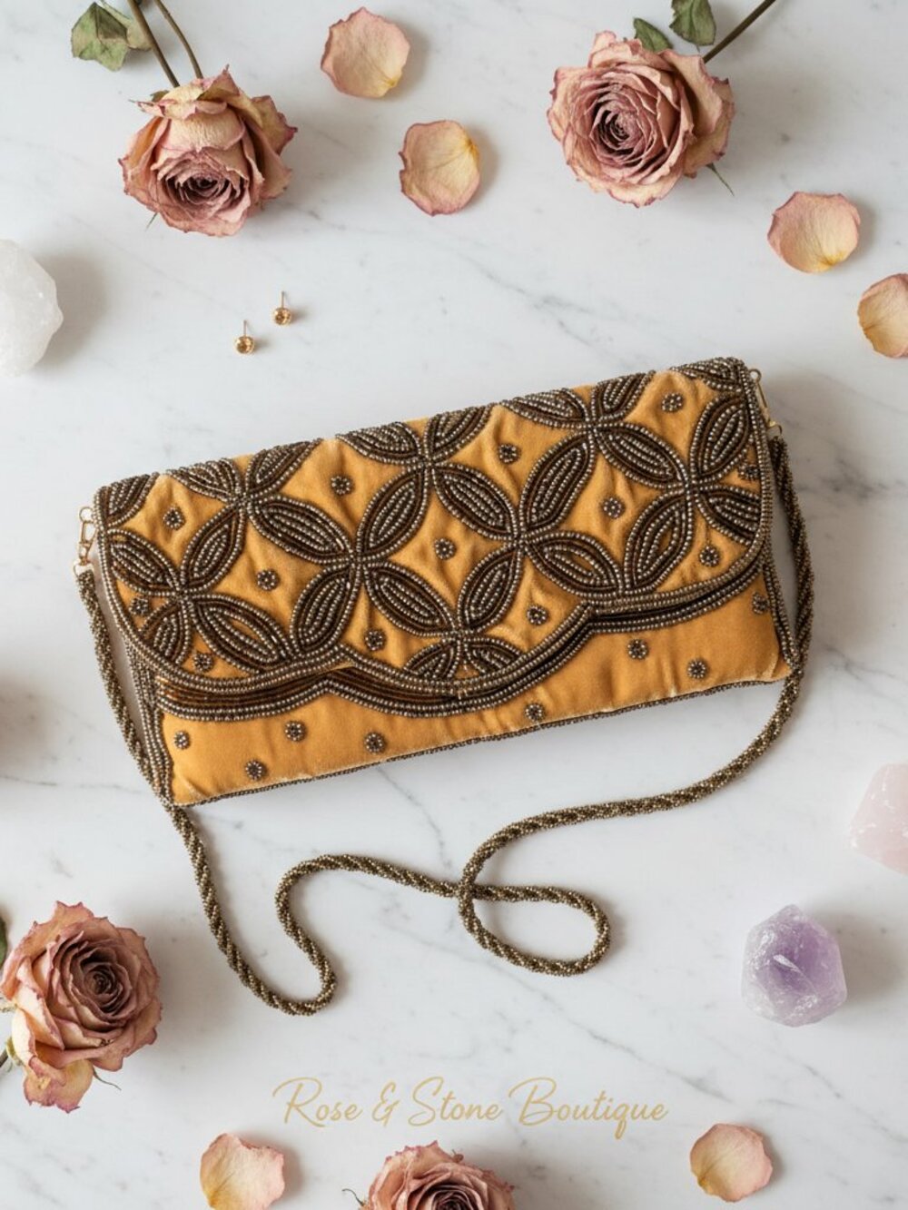 Amber Satin Beaded Clutch | Bronze Embroidery | Gold Chain | Evening Bag